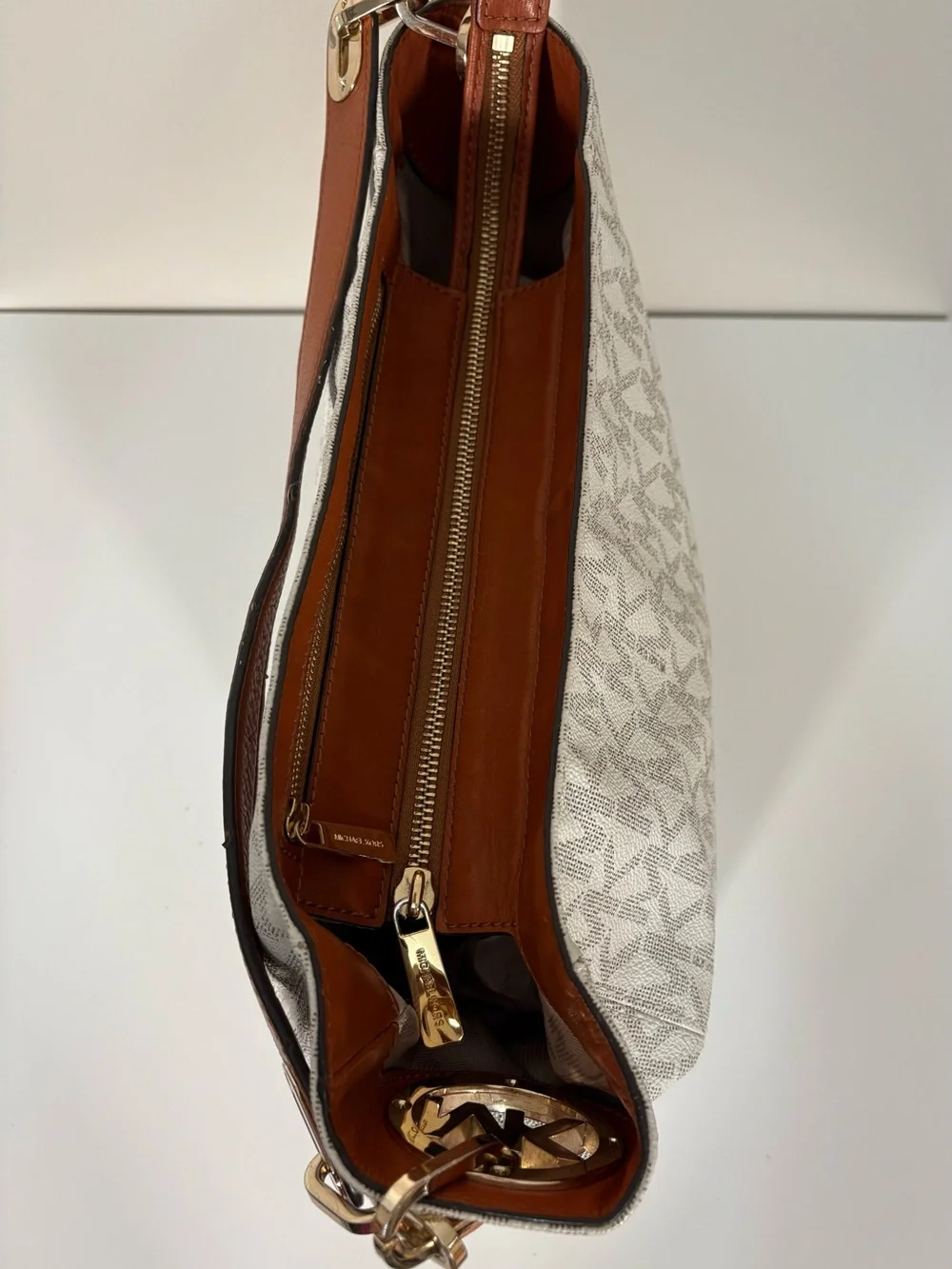 Michael Kors White Logo Canvas Hobo with Brown Leather Strap